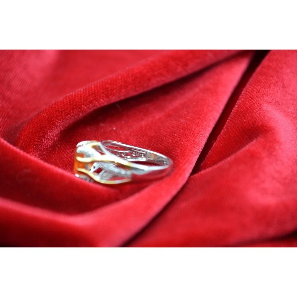 Vintage Sterling Silver Citrine Cubic Zirconia Floral Ring Two Tone Gold Size 7